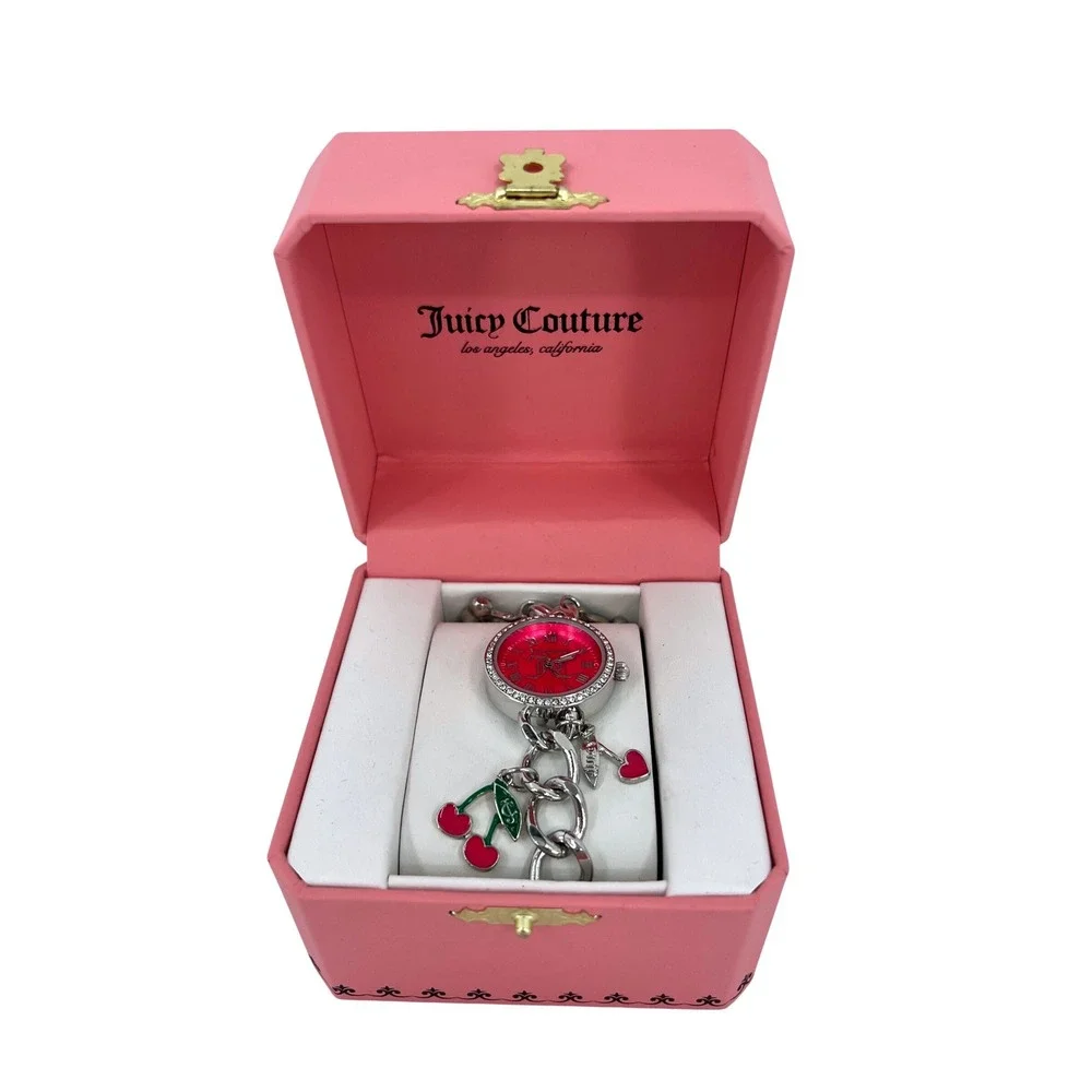 Juicy Couture Charm Bracelet Watch Pink Dial‎ Rhinestone Cherry Heart Gift Box